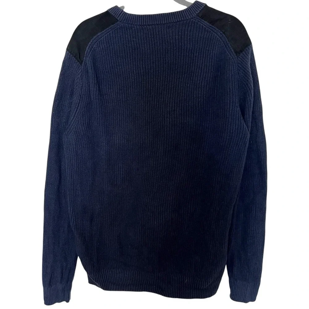 Banana Republic Mens XL Navy Blue Ribbed Cotton Sweater Suede Shoulder Patch